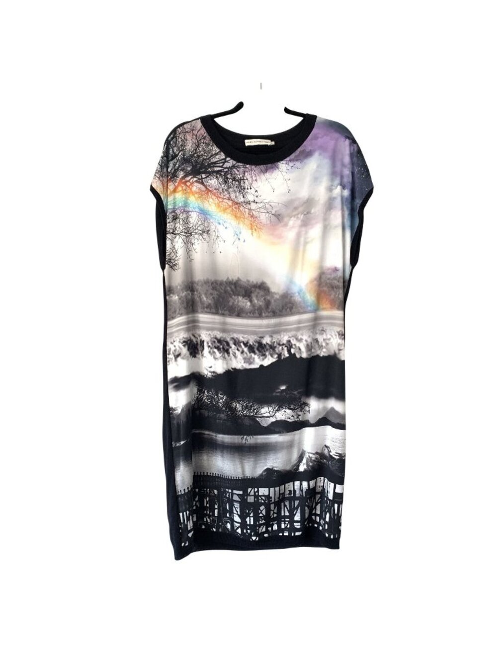 Mary Katrantzou XL Rainbow Landscape Printed Knit Midi Dress Black Art to Wear